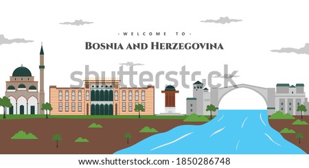 Bosnia and Herzegovina country design template with wonderful landmark buildings. Beautiful panorama view of the old city. World vacation travel sightseeing Europe European collection.