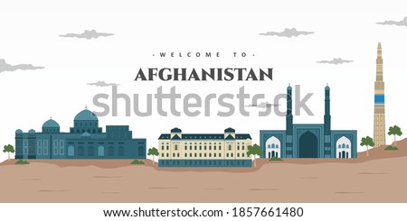 Beautiful building view of Afghanistan with famous landmark. Amazing architectural building for tourist vacation. Vector illustration for tourism presentation, banner, placard or web