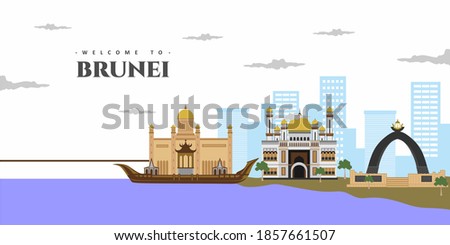 Amazing city landscape view of Brunei architecture skyline buildings landmark. Welcome to Brunei colorful postcard. World countries cities vacation travel sightseeing Asia collection.