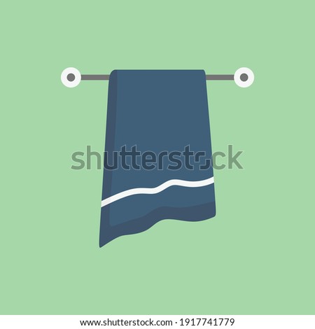 Cotton fabric vector towel on holder. Bathroom towels household and hygiene symbol. Dry off with towel. Object on wall. Towel fabric household, cotton soft towel for hygiene illustration