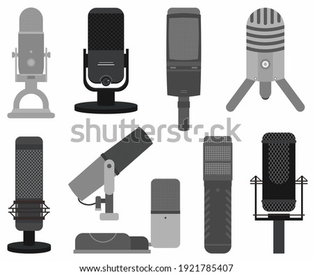 Podcast mircophone icon set. Music studio podcast speaker vector badges collection. Different models such as Rode NT-USB, Blue Yeti mic, Rode Procaster mic etc. Recording studio symbol
