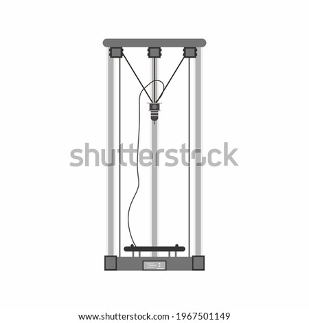 Vector flat Delta 3D Printer Assembly icon. Modern printer in cartoon design element isolated on white background. Additive manufacturing and robotic automation technology. Vector illustration