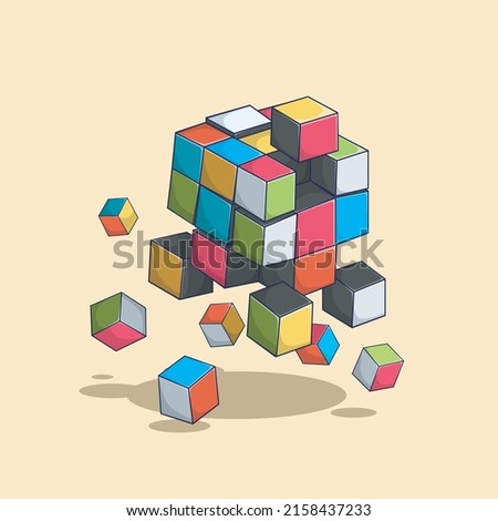 cute jumping cube puzzle illustration, concept in cartoon vector