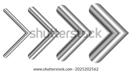 Set of metal arrows of different thicknesses. Vector silver arrows isolated. Chrome right Arrow