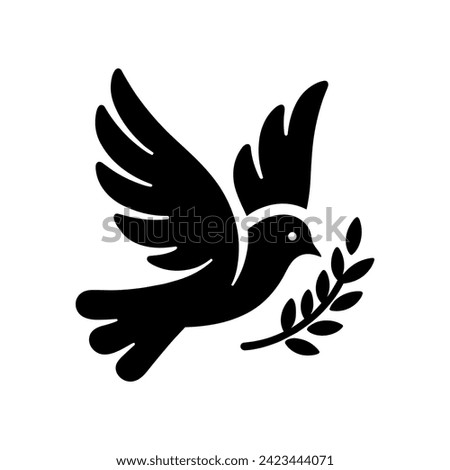 Dove icon. Black silhouette of a dove in flight carrying an olive branch on a white background. Peace symbol. Religious icon. Vector illustration.