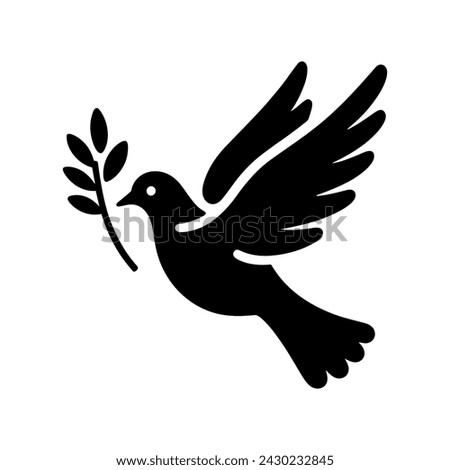 Dove icon. Black silhouette of a dove in flight carrying an olive branch on a white background. Peace symbol. Religious icon. Vector illustration.