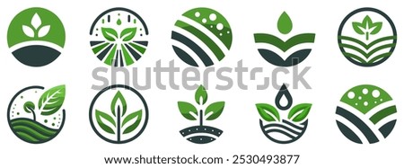 Agriculture logo design. Set of icon. Agronomy logo with plants on a fields on white background. Vector illustration.