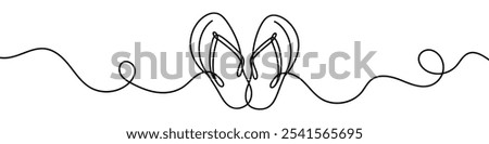 One continuous line illustration of flip flops, isolated on white background. Line art of flip flops