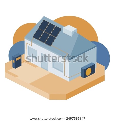 Eco house powered by renewable solar energy, connected with heat pump for heating and electric car charger.