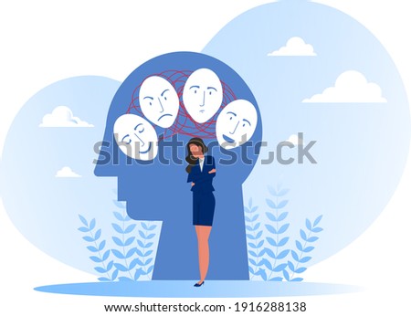 Imposter syndrome, masks with happy or sad expressions.Bipolar disorder, fake faces and emotions. Psychology, false behavior or deceiver.vector illustrator