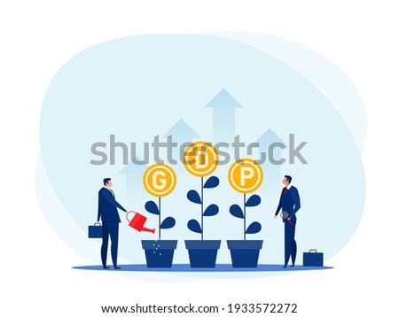 GDP or gross domestic product per capita.Businessman 
Watering plants arrow.National earning profit measurement and index.Financial value.vector