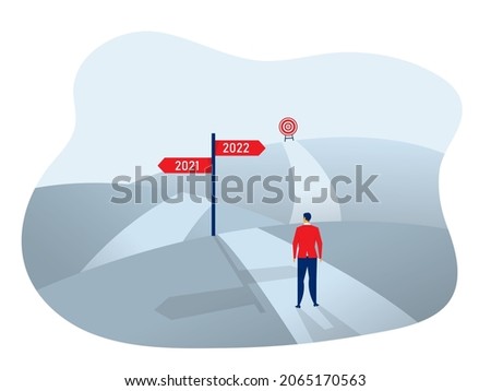 A Businessman standing on the asphalt road over the hills,Decide direction toward goal 2021 vector illustrator.