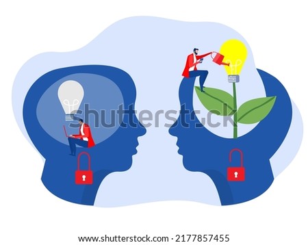 Two Big head human think growth mindset different fixed mindset concept vector