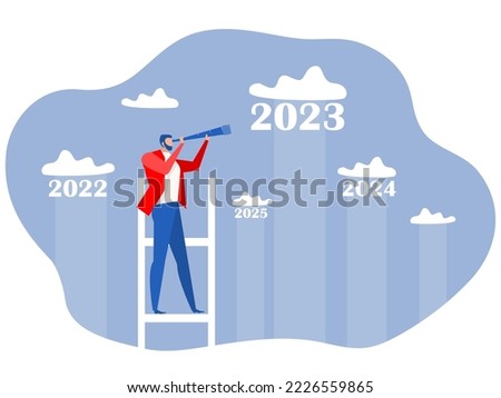 businessman climbing stairs to look through telescope opportunities and targets Visionary sees the future.Year 2023 outlook economic forecast or future vision