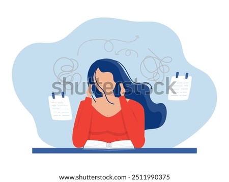 ADHD people concept, girl is a headache because tired of doing work Difficulty learning. Dizzy man.vector