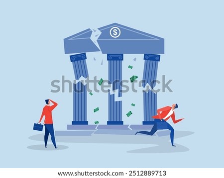  bankruptcy problem,businessman running  collapsing bank building.Banking collapse or bank run, financial crisis or bankruptcy problem,failure or investment failure concept, 