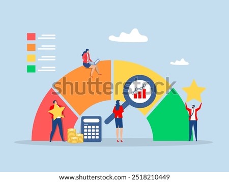 Benchmark performance or KPI key performance indicator
growth or KPI measurement result, businessman magnify benchmark metric graph scale.