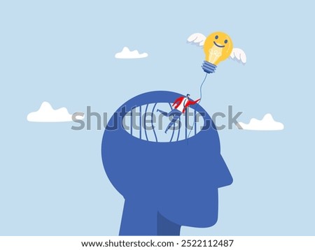 Growth mindset Freedom thinking,businessman escapes from prison with light bulb learn new things from human head concept vector,flat vector illustration.