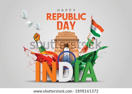 Indian republic Day celebrations with 26th January india 3d text and Ashoka Wheel, try color hand, man running with indian flag, india gate. vector illustration design