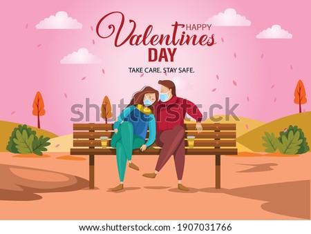 cute couple sitting on bench. happy valentines day Vector illustration with beautiful landscape. covid corona virus concept