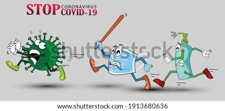Vector cartoon figure drawing conceptual illustration of sanitizer and surgical mask chasing running coronavirus COVID-19 virus with disinfection or disinfectant.	