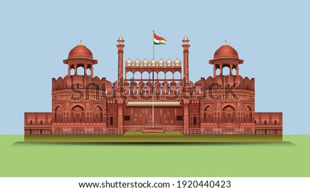 Red Fort in New Dehli, India. stylish historic sight showplace attraction  vector illustration.World Heritage Site.