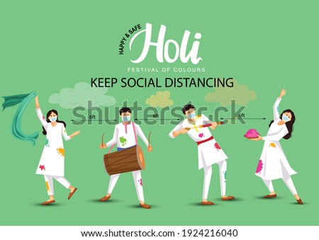 happy Holi. Cartoon Young people Playing Holi On White costume . vector illustration design. covid-19 corona virus concept