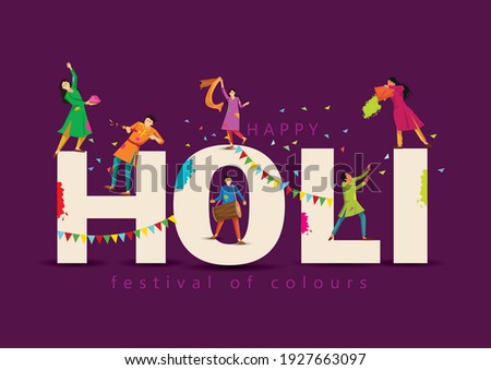 happy Holi Indian festival, poster, banner, template. Cartoon Young people Playing Holi On colorful costume . symbolic vector illustration design.
