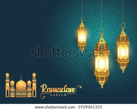 Ramadan Kareem greeting card design with half moon and mosque on green background. Hanging Lamps. vector illustration design