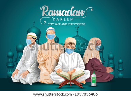 ramadan kareem and eid mubarak greetings. Islamic people reading Quran vector illustration design. covid-19, corona virus concept
