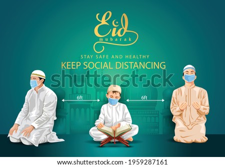 Ramadan Kareem and Eid Mubarak greetings. Islamic people keep social distancing vector illustration design. covid-19, corona virus concept.