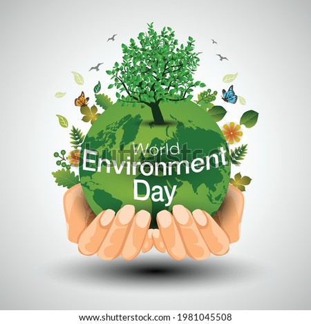 world environment day poster. two hands holding global earth and green tree. vector illustration design.