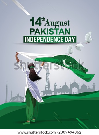 Pakistan Girl waving flag her hands. 14 August Happy Independence day celebration concept. can be used as poster or banner design. vector illustration design.	