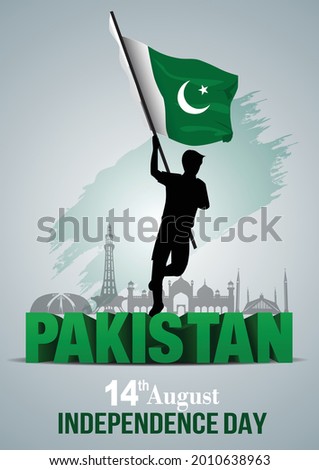 happy independence day Pakistan. vector illustration of Pakistan man with flag. poster, banner , template design