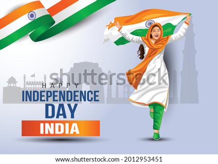 happy Independence day 15th august Happy independence day of India , girl running with Indian flag. vector illustration design. greeting card