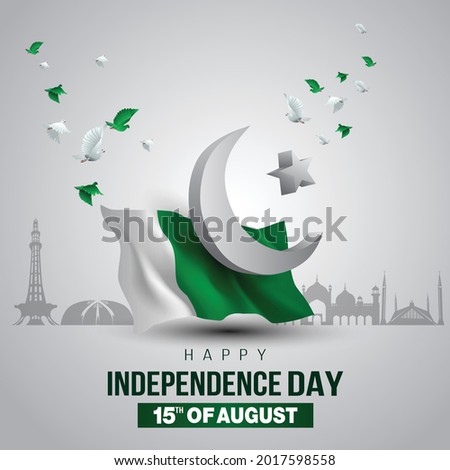 happy independence day Pakistan. 3d flag, moon with flying pigeon. vector illustration design