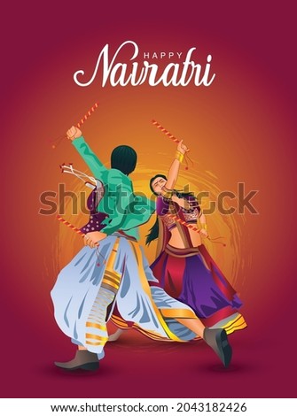 Garba Night poster for Navratri Dussehra festival of India. vector illustration design  of couple playing Dandiya dance.