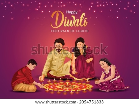 Indian family celebrate Diwali festival background with decorated Rangoli and Diya. vector illustration design.