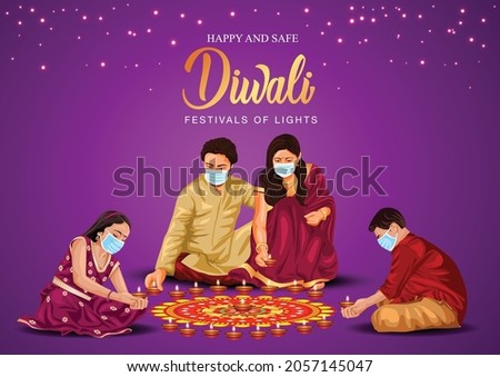 Indian family celebrate Diwali festival background with decorated Rangoli and Diya. vector illustration design. covid 19, corona virus concept