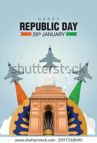 Happy Republic Day India concept with vector illustration of fighter jets and Indian flag colors on India gate, Ashoka chakra with white background.	