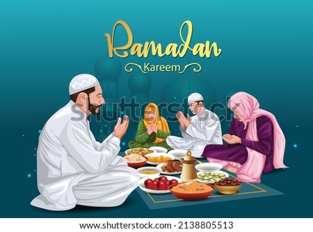 Ramadan Kareem greetings group of family people pay with Arabic background vector illustration design
