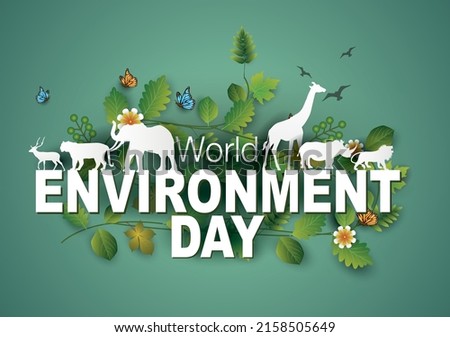world environment day with animals, levees, flowers, butterfly's. vector illustration design  