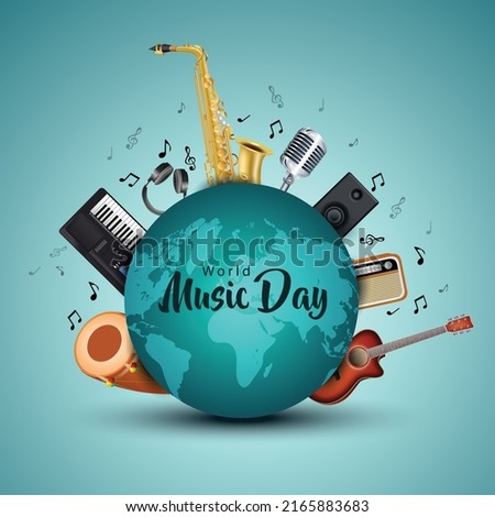 happy world music day and musical instruments with blue background. vector illustration design