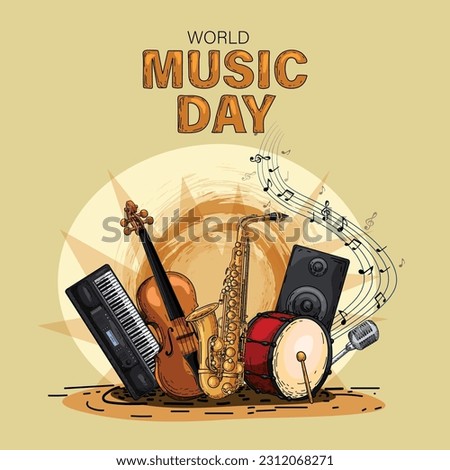 happy world music day event and musical instruments with light background. abstract vector illustration design	