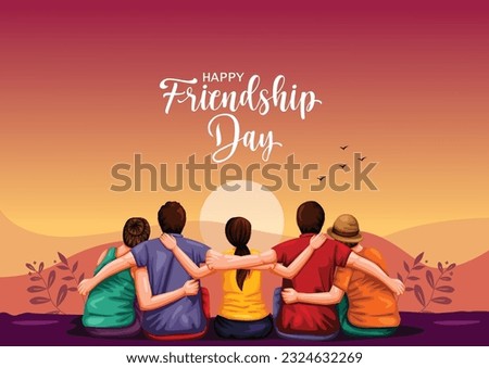 Happy international friendship day greeting card, back view of friends group. abstract vector illustration design
