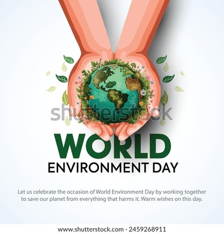 world Environment day
day poster. two hands holding and green plant and globe. abstract vector illustration design.