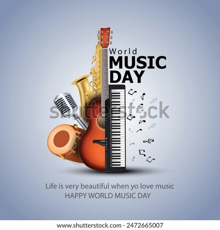 happy world music day and musical instruments with blue background. vector illustration design