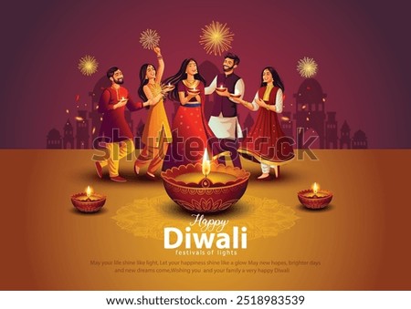 Indian festival of lights Happy Diwali with happy family, holiday Background, Diwali celebration greeting card, vector illustration design.	