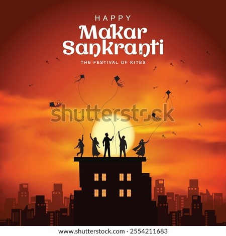 Indian festival Happy Makar Sankranti poster design with group  kites flying cloudy sky. abstract vector illustration design.