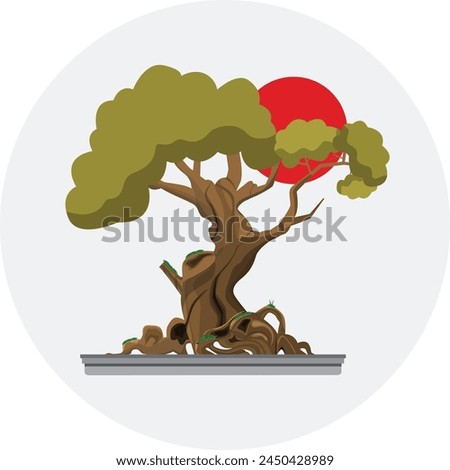 Bonsai Tree Illustration Vector. Japanese Bonsai Garden Zen Tree Logo. Plant Silhouette Icons on Palm Mat Background